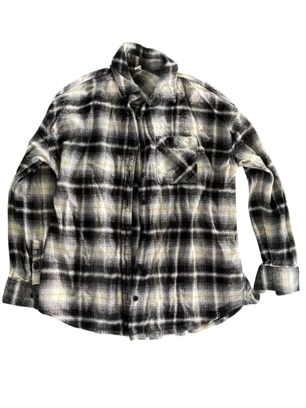 BP Boyfriend Flannel Button-Up Shirt Black/White/Yellow Plaid Pattern Size Small